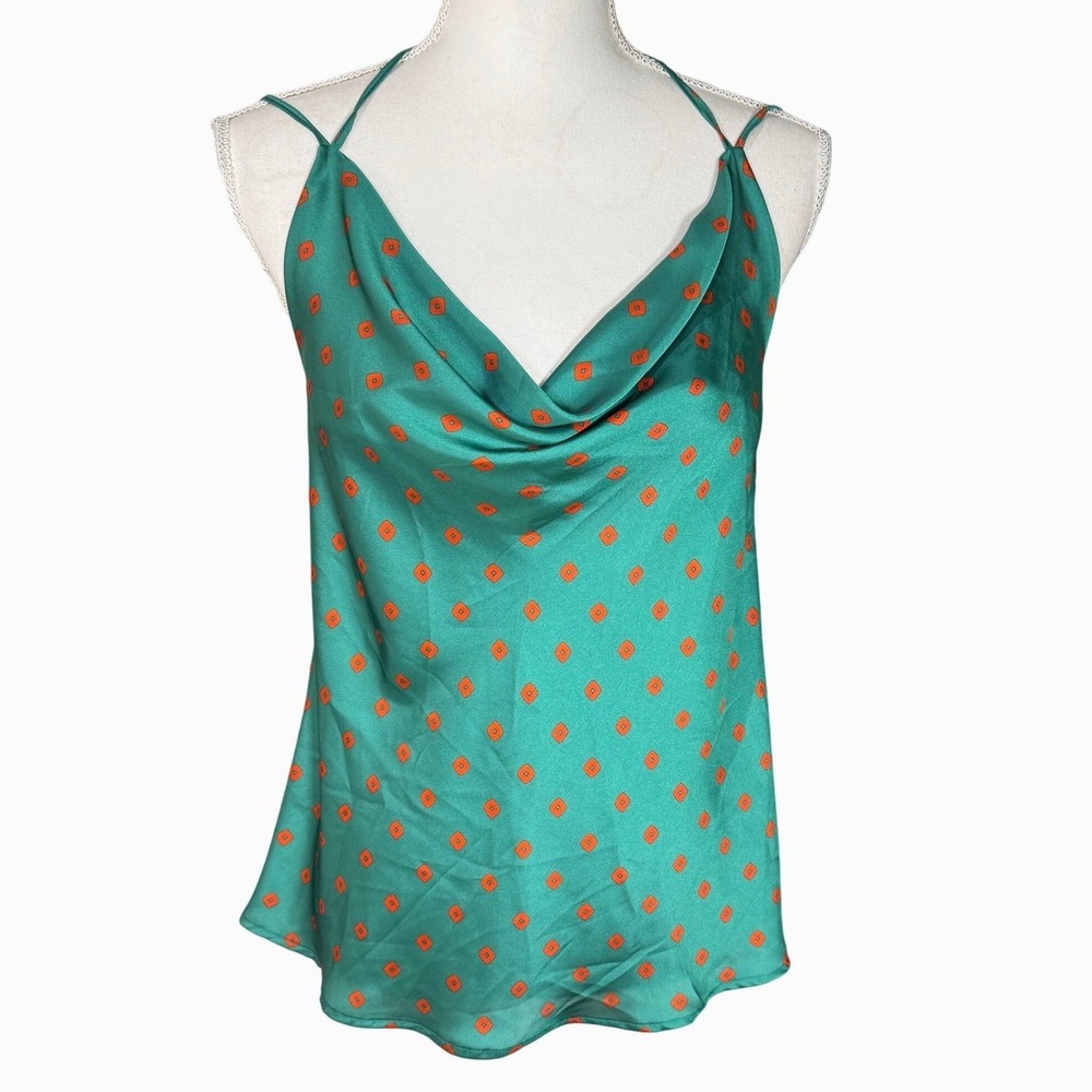 Aniye By Teal Green Orange Geometric Print Cowl Neck Satin Cami ITALY 40 XS NWT